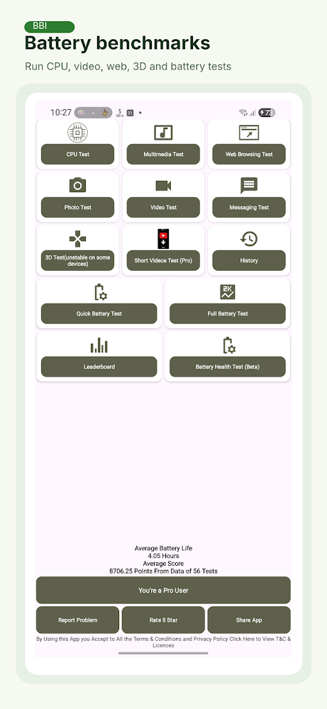 Battery Benchmark main screen