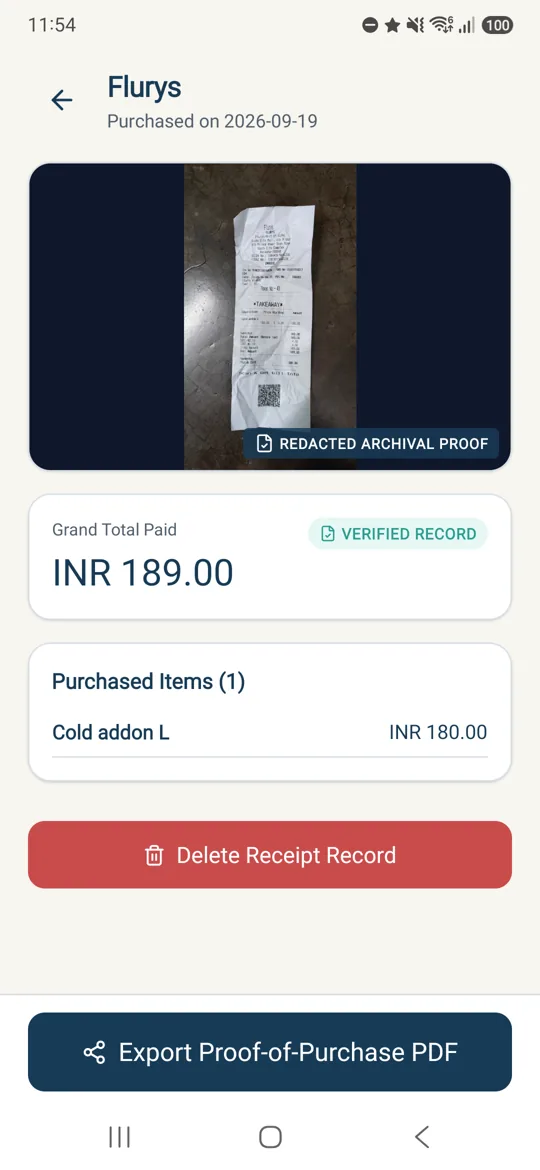A saved receipt in ReceiptVault with the stored proof image, purchase total and a button to export a proof-of-purchase PDF