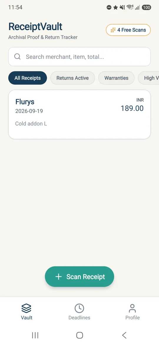 The ReceiptVault app showing a searchable vault of saved receipts with filters for returns and warranties