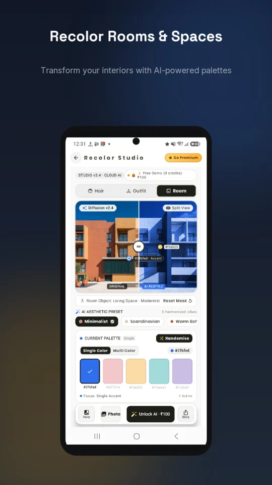 AI-designed Play Store screenshot: Recolor Rooms and Spaces