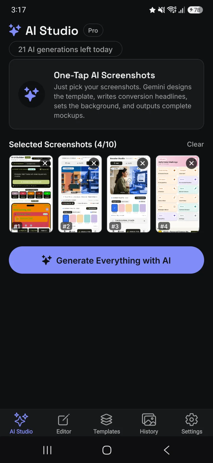 AI Studio with four app screenshots selected